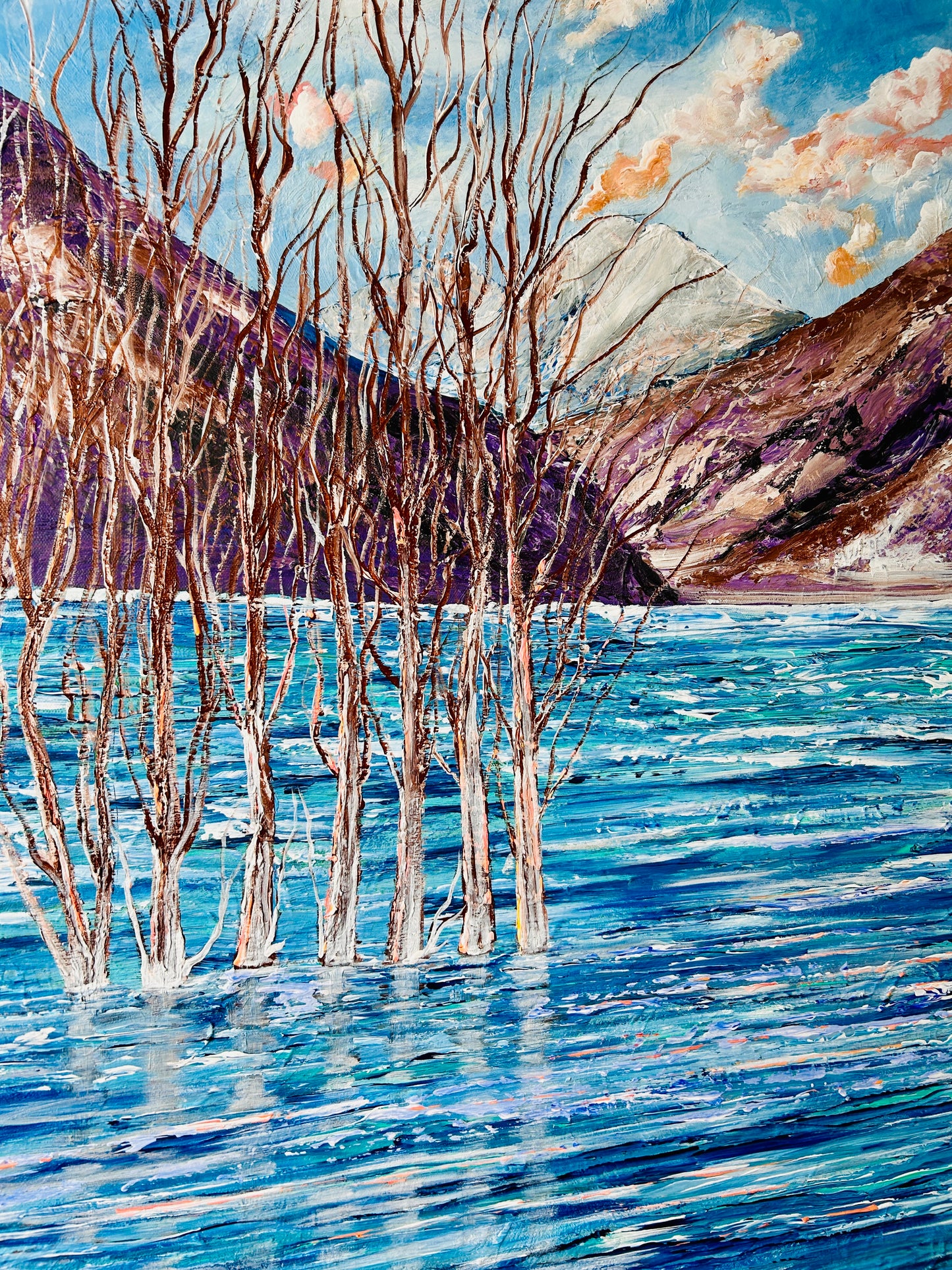 Sunken trees at the lake, painting