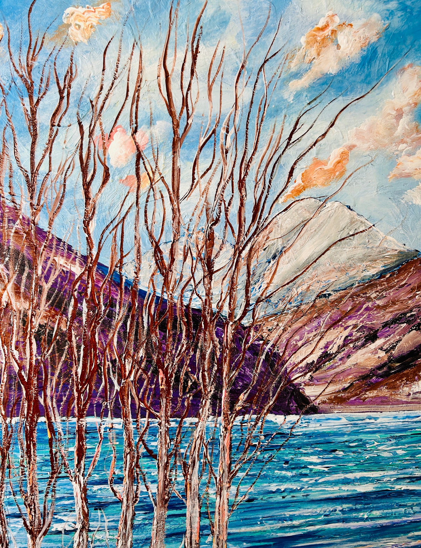Sunken trees at the lake, painting