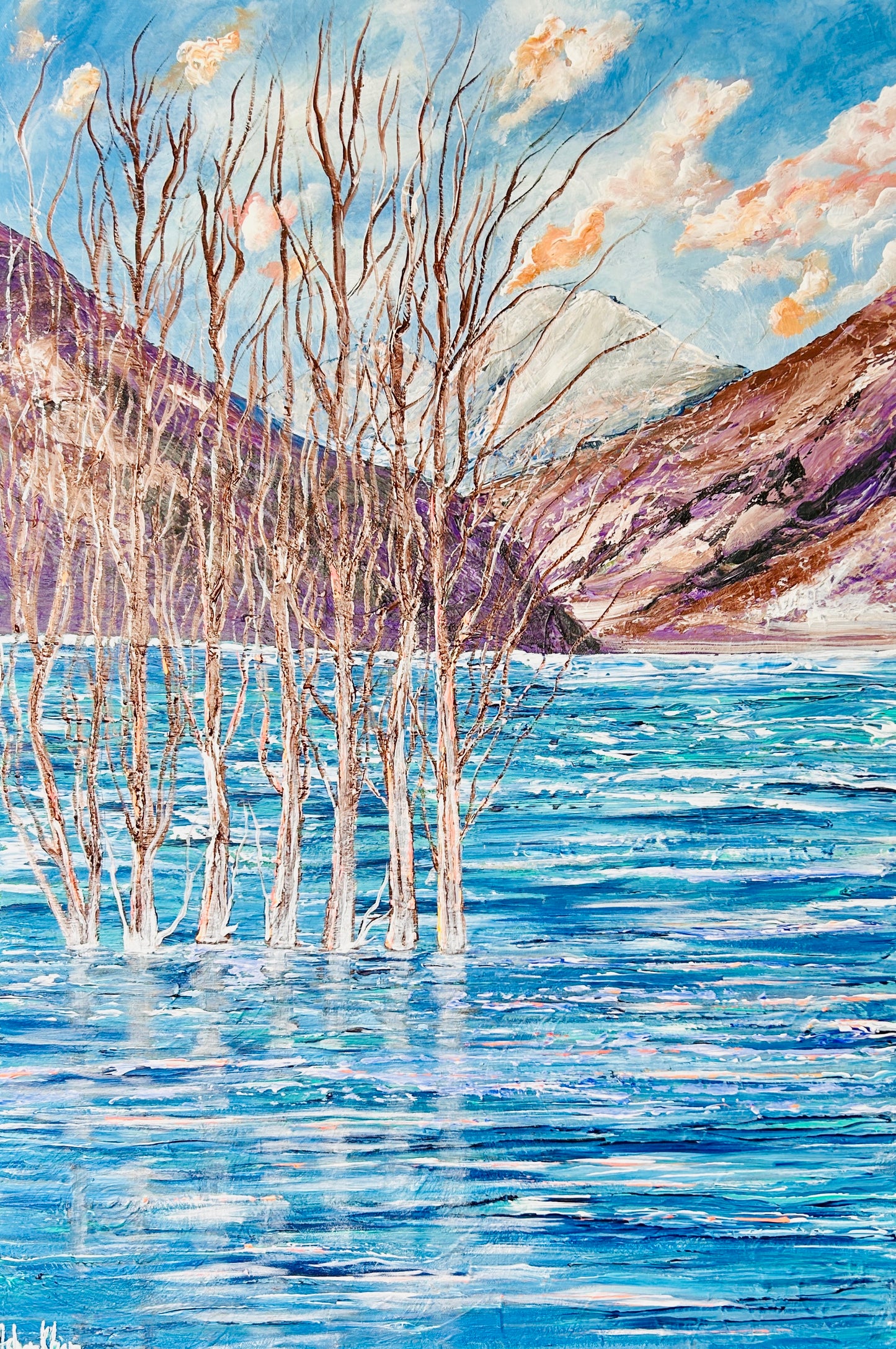 Sunken trees at the lake, painting