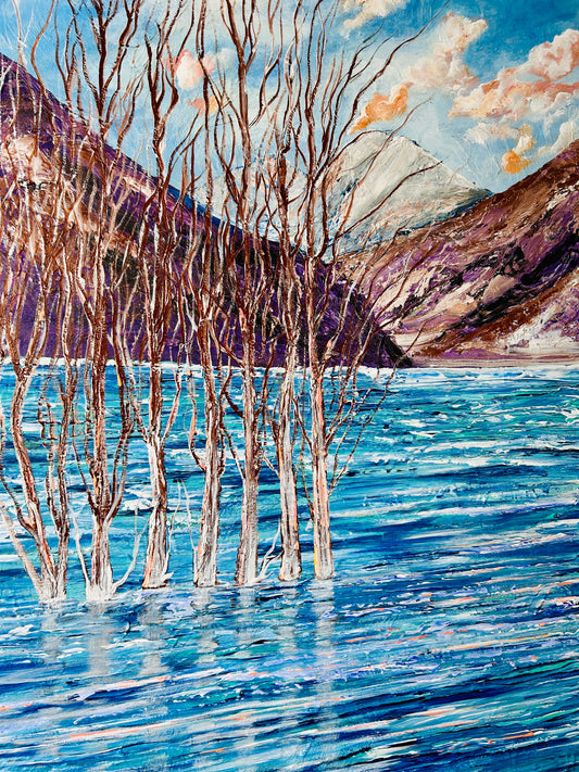 Sunken trees at the lake, painting