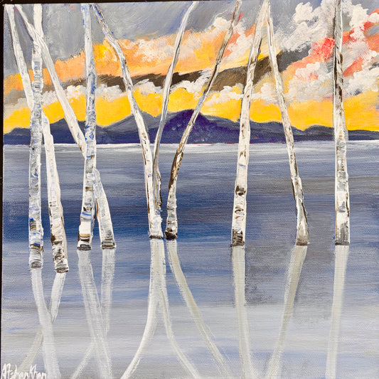 Sunken trees at the lake, original artwork